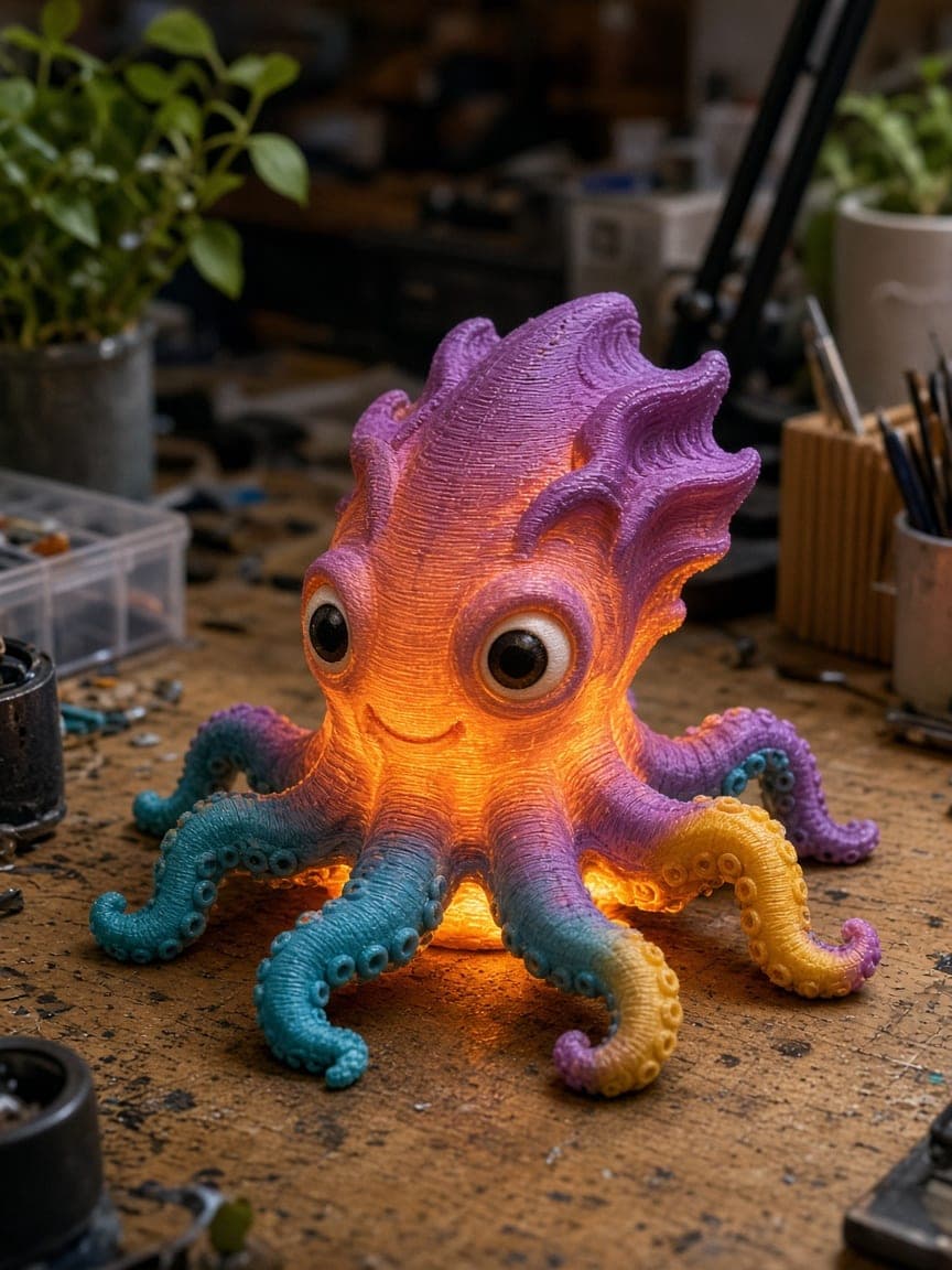 Farverig 3D-printet lampe formet som et blæksprutte-væsen, der lyser varmt op på et værkstedsbord.